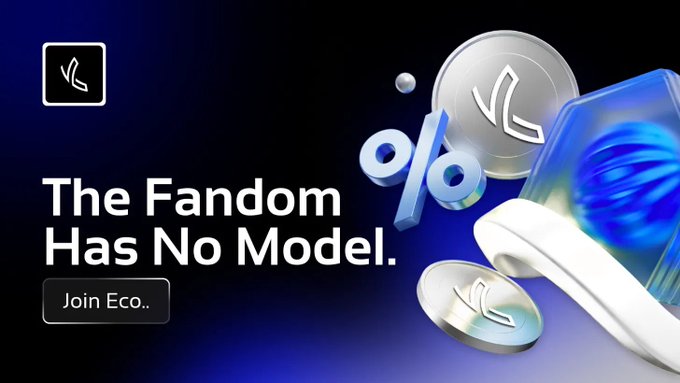 A dark blue promotional banner reading 'The Fandom Has No Model.' with a 'Join Eco..' button, featuring 3D rendered coins and percentage symbols.