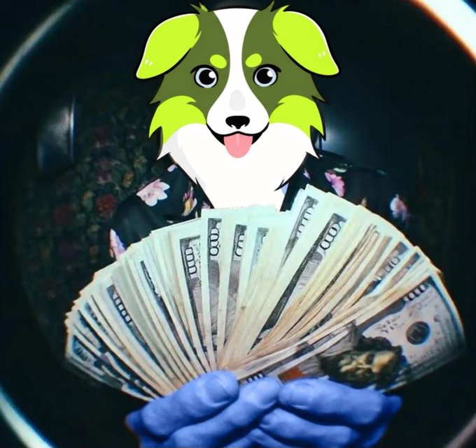A surreal image showing a cartoon dog head overlaid on a person holding a fan of hundred-dollar bills, shot through what appears to be a circular lens or pipe.