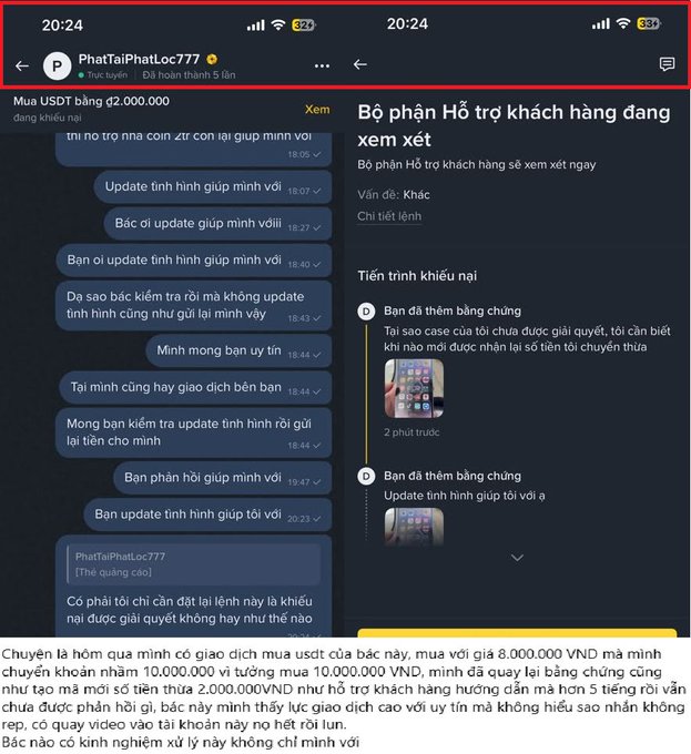 A screenshot of a Binance support chat in Vietnamese showing a complaint about a USDT purchase of 8,000,000 VND where only 2,000,000 VND was received, with the user filing a dispute.