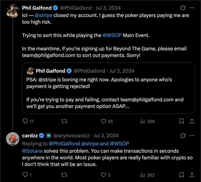 A Twitter thread by Phil Galfond (@PhilGalfond) from July 3, 2024, discussing how Stripe closed his account, with a reply from cardzz mentioning @Solana as a solution.