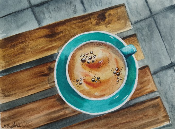 A watercolor painting depicting a top-down view of a teal coffee cup filled with espresso on a wooden slatted surface.