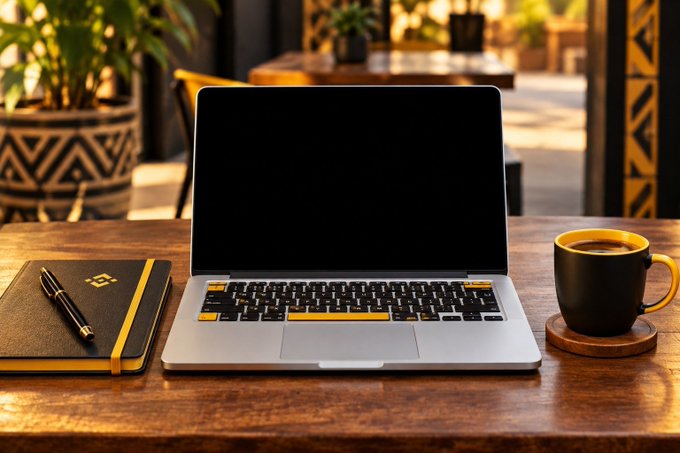 A wooden desk setup featuring an open laptop with yellow-accented keys, a black notebook with a pen, and a black and yellow coffee mug on a coaster, set in a warmly lit room.