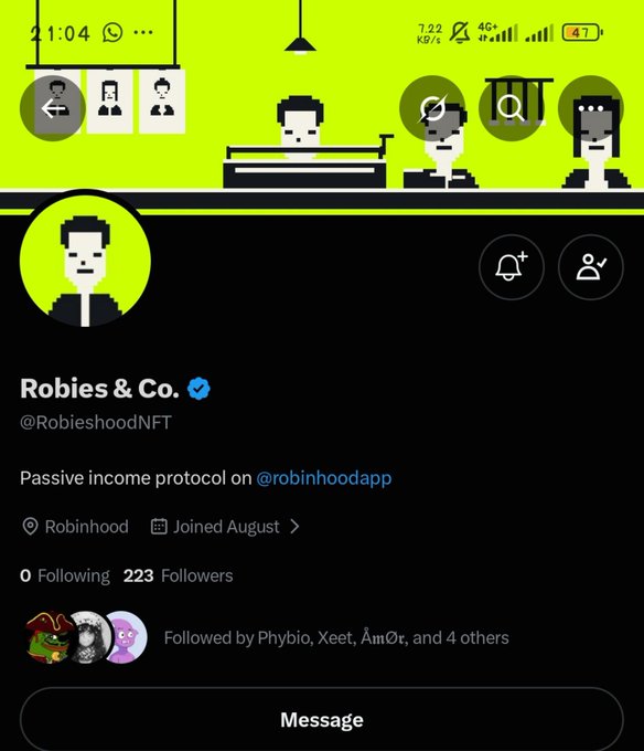Twitter/X profile for 'Robies & Co' (@RobieshoodNFT) with bio 'Passive income protocol on @robinhoodapp' and pixel art characters in the header.