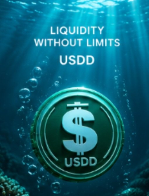 A promotional graphic showing a USDD token coin submerged underwater with bubbles rising, accompanied by the text 'LIQUIDITY WITHOUT LIMITS USDD'.