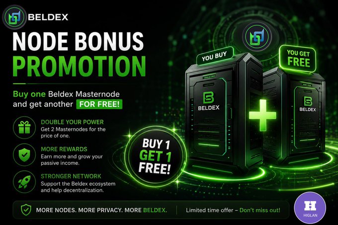 Beldex Node Bonus Promotion advertisement offering a 'Buy 1 Get 1 Free' deal on Beldex Masternodes, emphasizing doubling power, more rewards, and stronger network support.