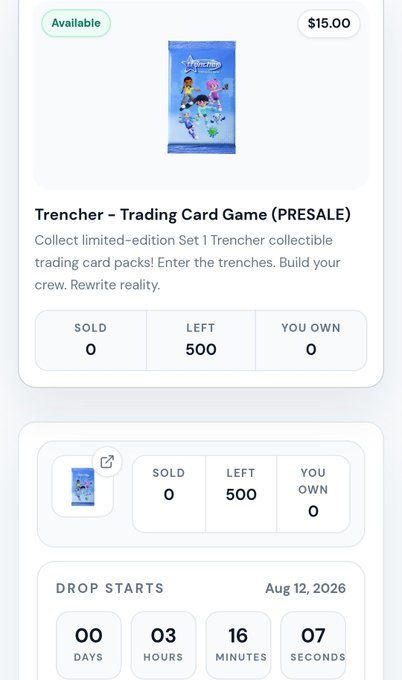 A mobile app screen shows a presale listing for 'Trencher – Trading Card Game (PRESALE)' priced at $15.00, with 500 units left and a countdown timer to August 12, 2026.