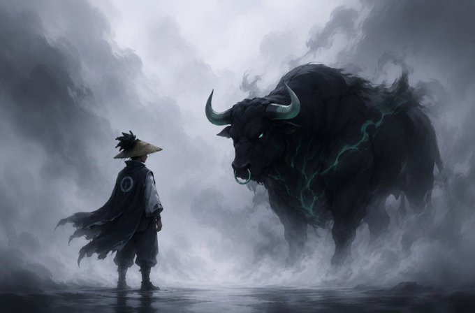 An illustration of a samurai in a straw hat and cape facing a giant, dark, smoke-like bull with glowing green cracks and a nose ring in a misty environment.