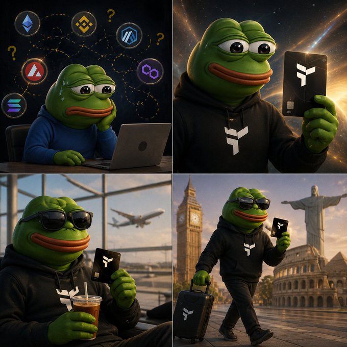 The image features a cartoon frog holding a wallet, which has the word "useTria" written on it. The frog appears to be sitting at a desk with a laptop computer nearby. There are four different photos of the frog in various poses or situations, each accompanied by text that provides context about the project. One photo shows the frog using a Visa card, another depicts him walking through an airport, and the third one shows him holding a suitcase. The fourth photo is a close-up of the frog's face with sunglasses on it.