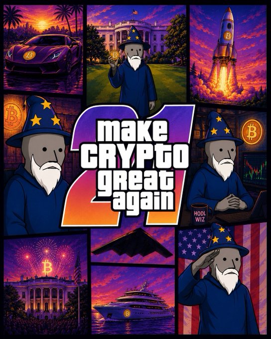 This image, titled "make CRYPTO great again," depicts various symbols of wealth and power, including a Lamborghini, the White House, a rocket, a stealth bomber, a yacht, and a wizard-like figure, all adorned with Bitcoin logos, promoting a long-term investment strategy.