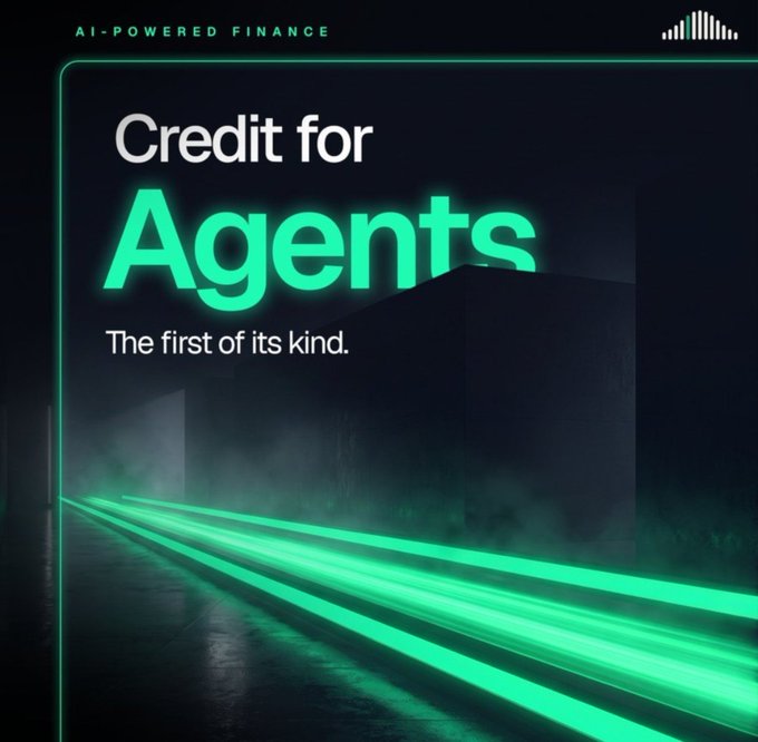 A dark, neon-lit promotional graphic featuring the headline "Credit for Agents — The first of its kind" with "AI-POWERED FINANCE" in the top-left corner, accompanied by glowing green laser-like beams extending into a fog-filled space.

The image visually reinforces the post's central question by presenting "Credit for Agents" as a novel financial solution—framing it as the missing infrastructure that addresses how autonomous AI agents can earn trust and access to real capital beyond just profitable trade screenshots.