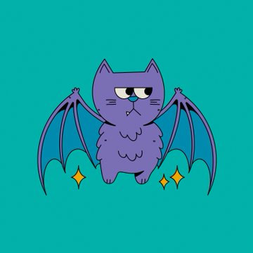 A simple cartoon illustration of a grumpy-looking purple bat with blue wings, surrounded by small yellow sparkles on a solid teal background.