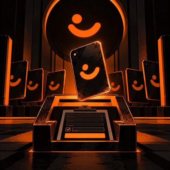 A stylized digital illustration features smartphones displaying a glowing orange smiley face, with one phone emerging from a machine resembling a ballot box with a checkmark.