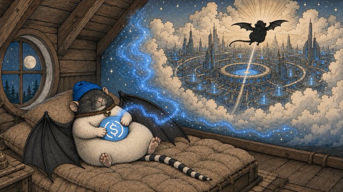 A chubby bat sleeps soundly on a bed, clutching a single blue USDC coin, while dreaming of an expansive celestial cityscape glowing in the clouds above. The "1 USDC and a dream" caption reflects the image's whimsical fantasy of vast crypto wealth, contrasting the modest coin with the bat's grand cosmic ambitions.