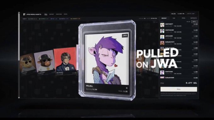 A digital NFT marketplace interface displaying 'PULLED ON JWA' with an anime-style character card priced at 0.477 SOL, showing various character collectibles.