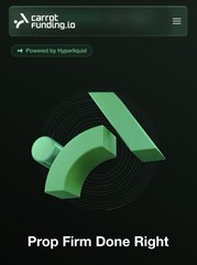 A mobile website header for 'cargo.funding.io' powered by Hyperliquid, featuring a 3D green geometric logo and the tagline 'Prop Firm Done Right'.