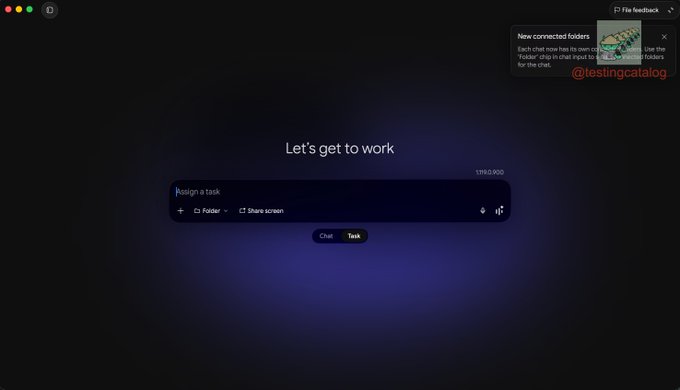A dark-themed software interface with the greeting 'Let's get to work', a text input field for assigning tasks, tabs for 'Folder' and 'Share screen', buttons for 'Chat' and 'Task', and a system notification about new connected folders in the top right corner.
