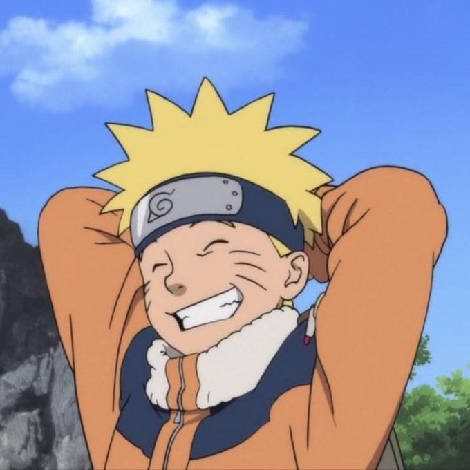 An anime image of Naruto Uzumaki smiling broadly with his hands behind his head, wearing his signature headband and orange jacket.