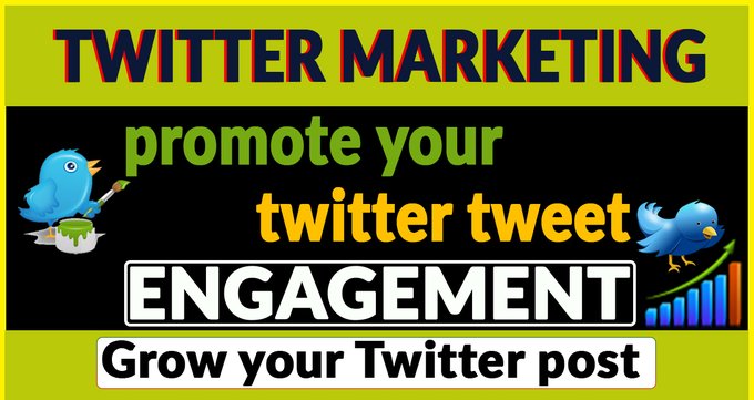 A promotional graphic advertises 'TWITTER MARKETING' services with phrases 'promote your twitter tweet,' 'ENGAGEMENT,' and 'Grow your Twitter post' alongside cartoon blue birds.
