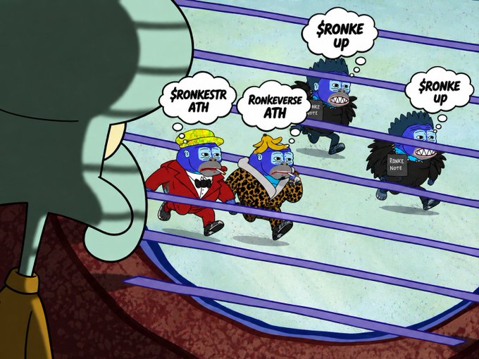 A Pepe the Frog-themed cartoon depicting crypto characters with blue masks representing Ethereum ($ETH), Ronin ($RONKE up), and others with thought bubbles like '$RONKESTR ATH', '$RONKEVERSE ATH', '$RONKE up' inside a boxing ring.