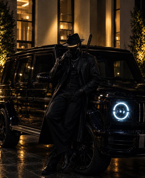 A mysterious figure in a black trench coat and fedora, carrying a sword, leans against a black SUV with illuminated headlights in a moody, dimly lit setting.