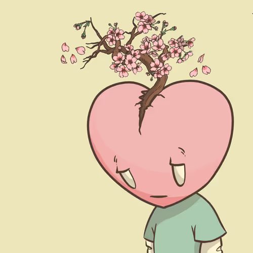 A cartoon illustration of a pink heart-shaped character with a melancholic expression, wearing a teal shirt, with cherry blossom branches growing from the top of its head against a pale yellow background.