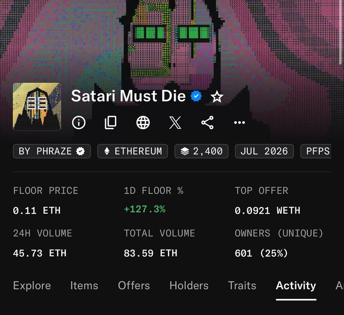 A NFT collection page for 'Satari Must Die' by PHRAZE on Ethereum, showing a floor price of 0.11 ETH, 2,400 items, and 24H volume of 45.73 ETH.