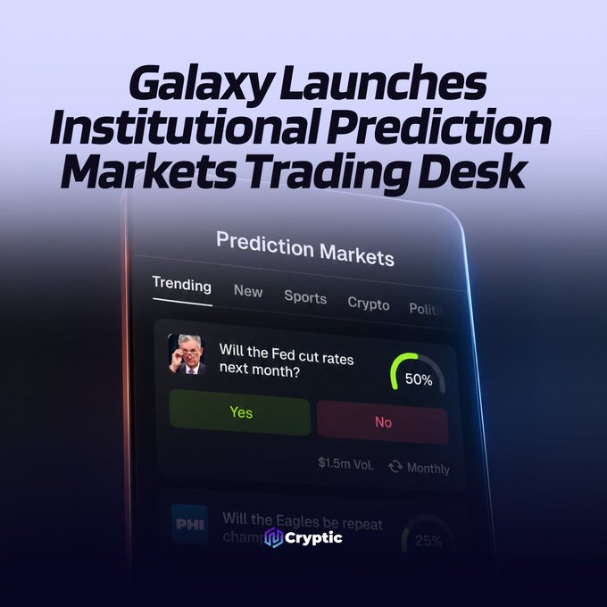 The image shows a cell phone displaying a trading app that allows users to trade in institutional markets. The app provides information about various prediction markets, including Kalshi and Polymarket contracts for hedge funds, family offices, and other professional investors. This app is designed to help users make informed decisions based on market trends and forecasts.