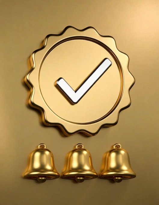 A 3D rendering shows a gold scalloped badge or seal with a large white checkmark in the center, positioned above three small golden bells against a beige background.