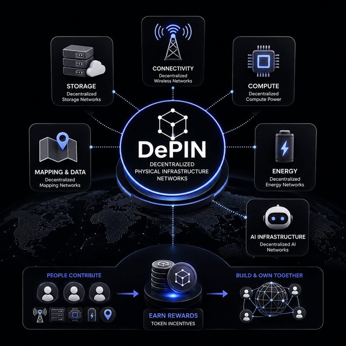 An infographic illustrating the concept of DePIN (Decentralized Physical Infrastructure Networks), showing six key resource categories—Storage, Connectivity, Compute, Energy, AI Infrastructure, and Mapping & Data—flowing from individual contributors earning token rewards into a globally built and collectively owned network.