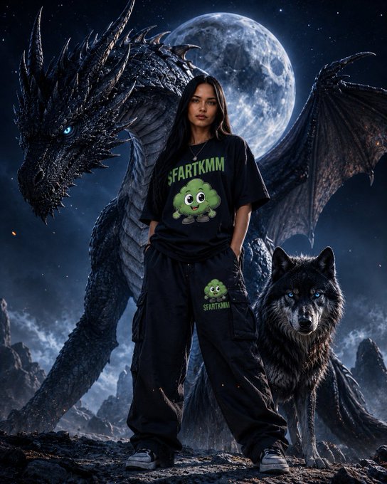A young woman stands in black 'SFARTKMM' branded clothing alongside a black wolf, with a large black dragon and a full moon looming in the dark, fantasy-style background.