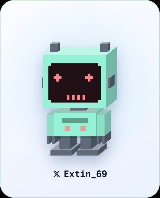 A pixel-art style mint-green robot with pink x-shaped eyes and a toothy grin is displayed on a card labeled "X Extin_69," likely serving as a profile or project avatar tied to the freemint giveaway post.