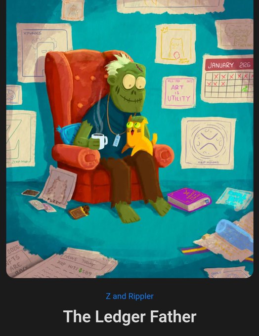 Digital illustration in a cartoon style showing a Frankenstein-like zombie sitting in a red armchair holding a mug and a yellow cat, with a calendar marked 'JANUARY 2026', captioned 'The Ledger Father' under 'Z and Rippler'.