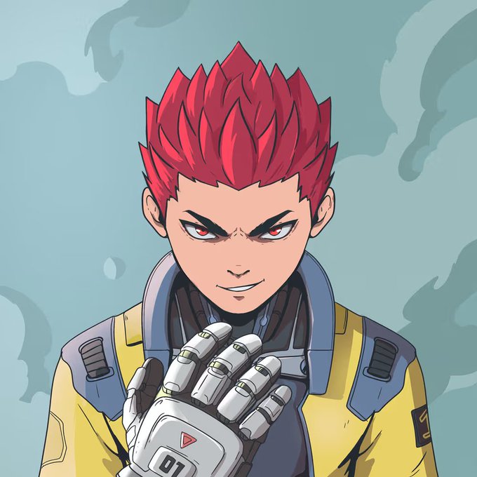 An anime-style illustration of a character with spiky red hair and red eyes wearing a yellow and gray jacket, holding up a mechanical glove labeled '01' against a cloudy sky.