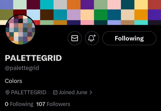 A Twitter/X profile for PALETTEGRID (@palettegrid) showing a colorful pixel grid as the banner and avatar, with 0 following and 107 followers.