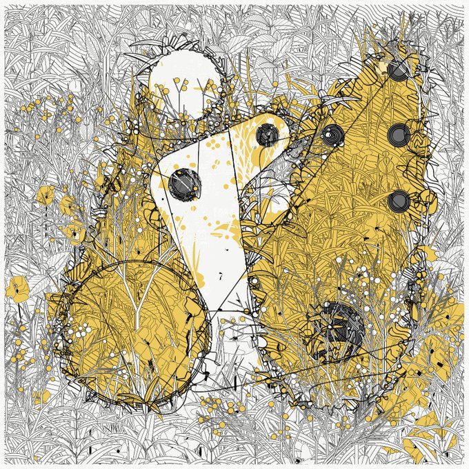 An abstract artistic illustration featuring yellow and white organic shapes, black circular eyes, and intricate line work resembling a stylized creature.