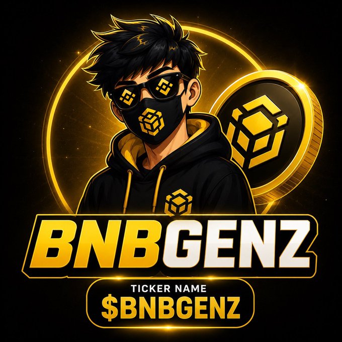 A digital logo/avatar for the crypto token '$BNBGENZ' featuring an anime-style character wearing a mask and sunglasses with BNB-themed symbols, set against a golden circular background.