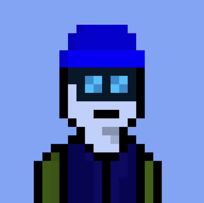 A pixel art portrait of a character with a blue beanie, dark goggles with blue lenses, a pale blue face, and a blue jacket against a light blue background.