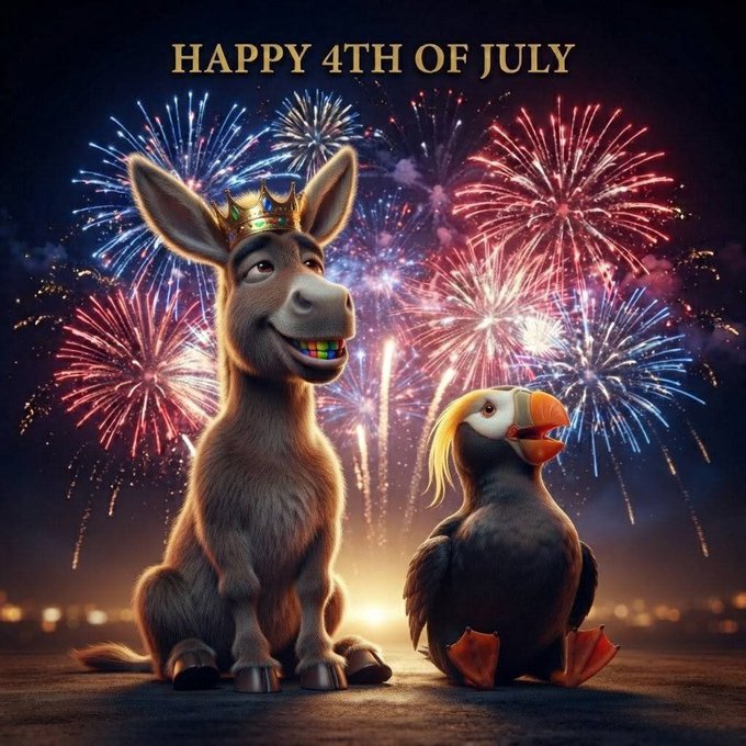 A festive 4th of July illustration features a smiling donkey wearing a crown next to a puffin, set against a backdrop of red, white, and blue fireworks with the text 'HAPPY 4TH OF JULY'.