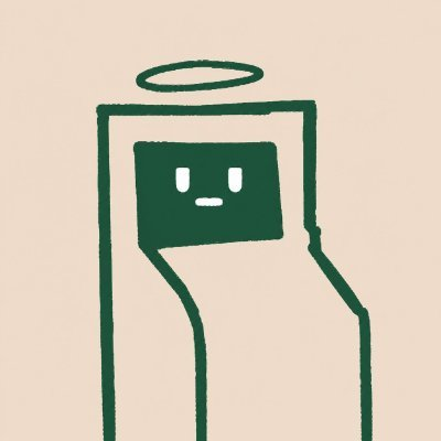A simple cartoon illustration of a green rectangular character with a halo above its head and a small smiling face, set against a beige background.