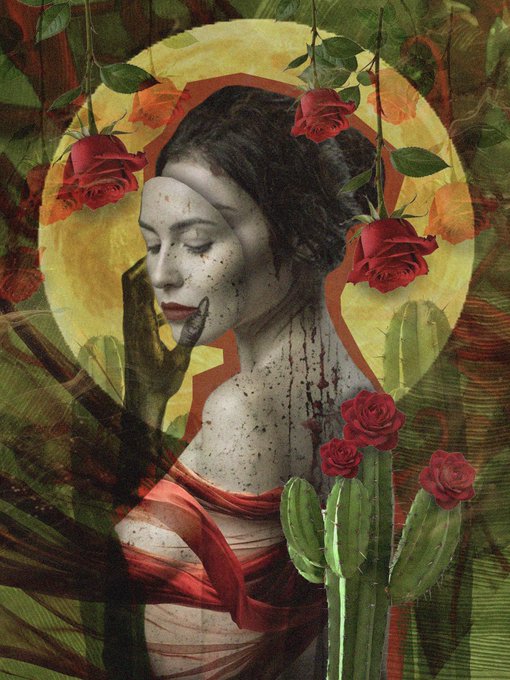 An artistic collage featuring a woman with pale skin and dark hair surrounded by red roses, a yellow halo, and green cacti, with streaks of red resembling blood or paint.