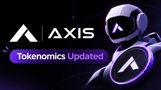 A promotional graphic with 'AXIS' branding and the text 'Tokenomics Updated' displayed next to a futuristic armored character wearing a helmet with the AXIS logo.