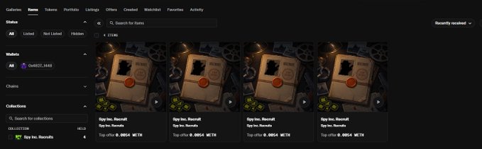 The image shows a gallery of four NFTs labeled “Spy Inc. Reconalt,” each with a top offer of 0.0054 WETH. This matches the post about buying four Spies from @SpyIncGame to start an agency focused on reconnaissance, intel, crafting, upgrades, and 12-hour missions.