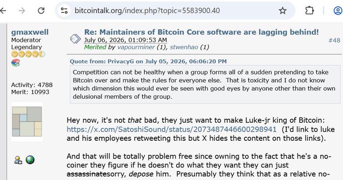 A BitcoinTalk forum post by user 'gmaxwell' titled 'Re: Maintainers of Bitcoin Core software are lagging behind!' dated July 06, 2026, discussing Luke-jr and Bitcoin Core leadership.