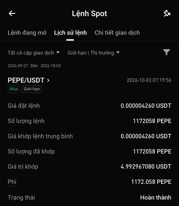 A cryptocurrency exchange app screenshot showing a completed PEPE/USDT spot order history dated 2026-10-03, with order price 0.000004260 USDT, quantity 1,172,058 PEPE, total value ~4.99 USDT, and status 'Hoàn thành' (Completed).