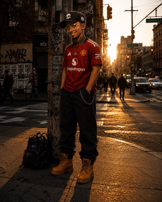 A young man poses on a city sidewalk at golden hour wearing a Manchester United "Snapdragon" jersey, black cap with skull logo, glasses, and Timberland boots, with a duffel bag at his feet against a graffiti-covered wall. The image's "grind in the streets" urban hustle energy mirrors the post's message of locking in and making the most of new month momentum and returning onchain liquidity.