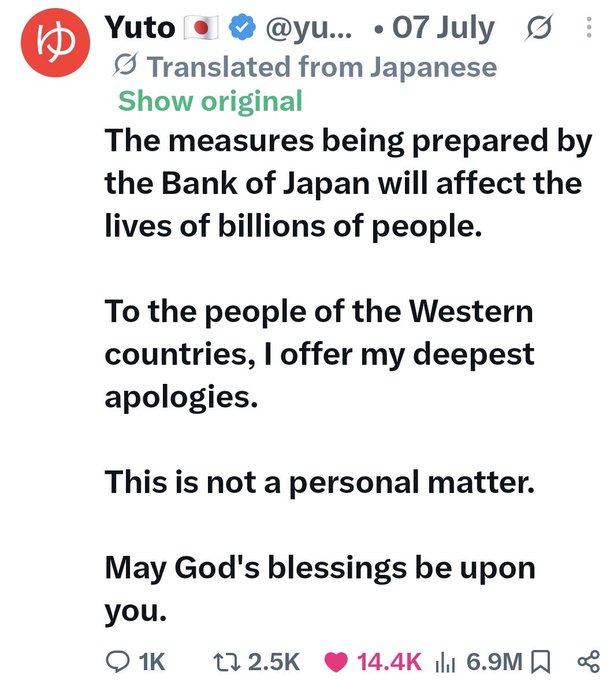 A tweet from Yuto (@yu...) dated 07 July, translated from Japanese, warning that "The measures being prepared by the Bank of Japan will affect the lives of billions of people" and offering apologies to Western countries. The post references this tweet in relation to #XRP, suggesting implications for the crypto market.
