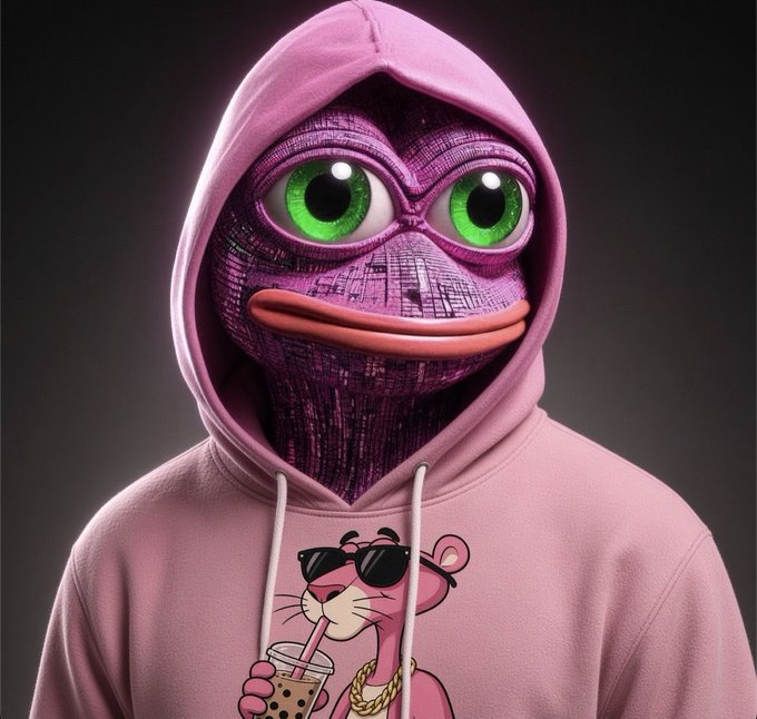 A 3D-rendered purple character wearing a pink hoodie featuring the Pink Panther cartoon, set against a dark background.