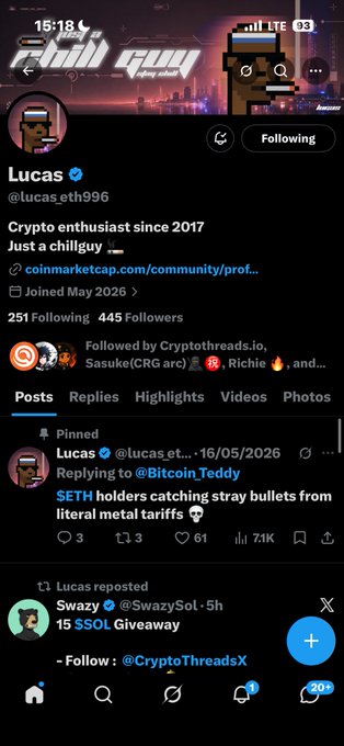 A screenshot of Lucas (@lucas_eth996)'s X (formerly Twitter) profile, showing a crypto enthusiast since 2017 with 445 followers, pinned post referencing $ETH and @BitcoinTeddy, and a reposted $SOL giveaway by @SwazySol. The image serves as a verification source for the Solana contract address BakyXRTtW2cdivHrqoENQhSfaMjGLRgDudV8QSBGcKNf shared in the accompanying post.