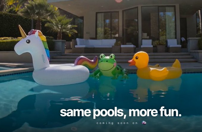The image shows three inflatable pool floats—a unicorn, a frog, and a duck—floating in a backyard pool with the text "same pools, more fun. coming soon on" overlaid. The accompanying post references the official protocol token of @pools_dot_fun, with the image cleverly using the word "pools" in both the literal swimming pool setting and the brand name, teasing the upcoming token launch and its features like airdrops, point systems, and a buy-and-burn mechanism.