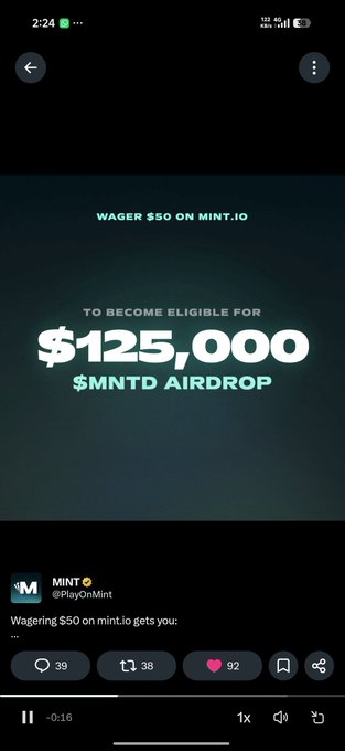 A mobile screenshot of a promotional graphic reading 'WAGER $50 ON MINT.IO TO BECOME ELIGIBLE FOR $125,000 $MNTD AIRDROP' from a verified 'MINT' post by @PlayOnMint.